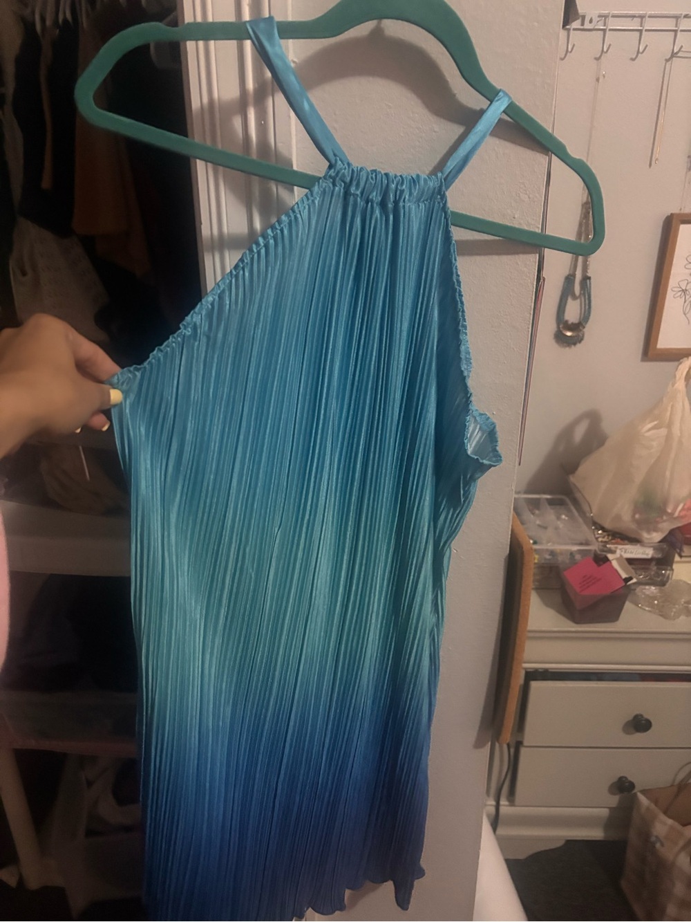 Blue Ombre Pleated Halter Dress